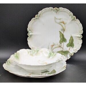3 Pieces of R.S. Prussia in Pearlized Calla Lilies Pattern - Bowl and 2 plates